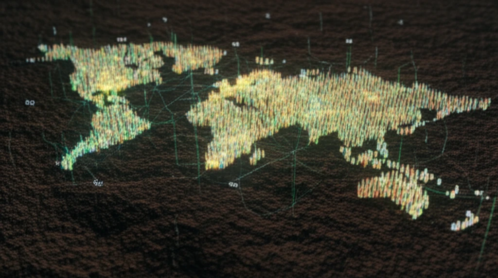 DNA strands emerging from soil, forming a map with glowing coordinates, symbolizing the convergence of biology and forensic science.