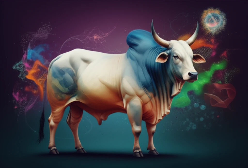 Surreal illustration of a Nellore steer symbolizing meat quality enhancement through science.
