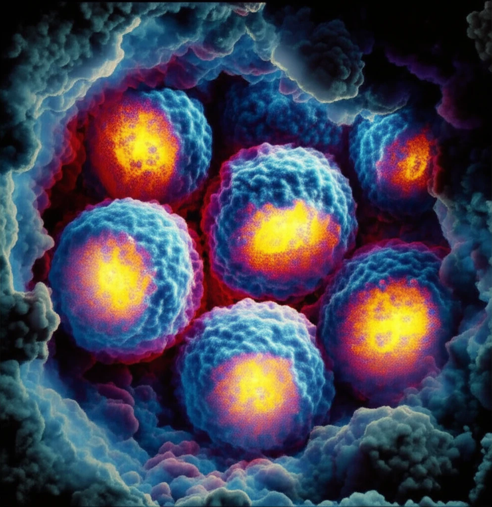 Illustration of aging protein plaques neutralizing toxic agents.