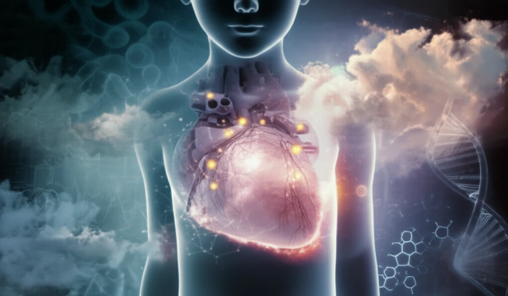 Illustration of a child's heart with glowing markers, representing early detection of heart issues.