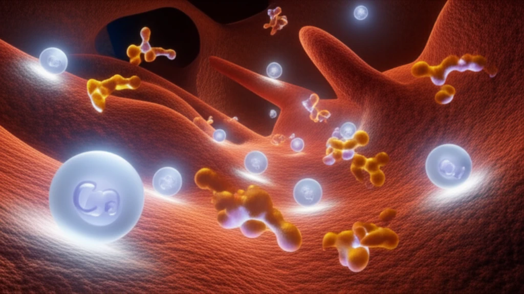 Calcium ions guiding cholesterol molecules within a cell.