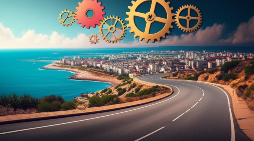 Winding road to North Cyprus, gears in the sky representing policy implementation