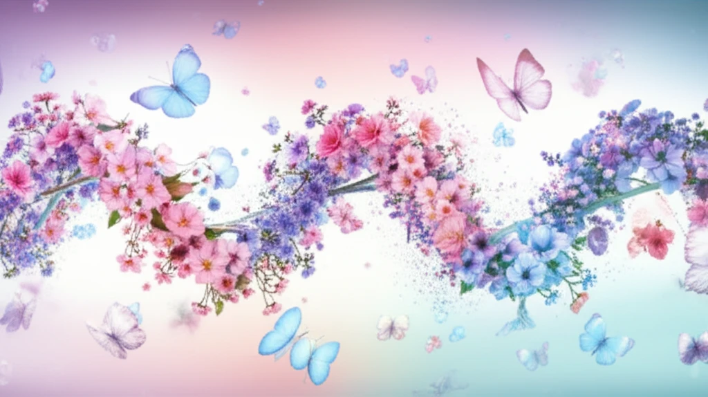 DNA strands intertwining with flowers and butterflies, symbolizing allergy research and treatment.