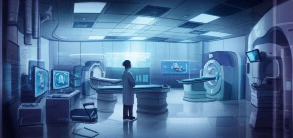 Futuristic radiology lab with advanced technology and a radiologist, symbolizing innovation and patient care.