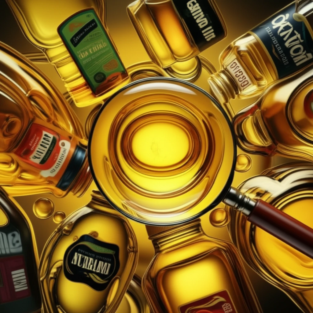 Surreal illustration of cooking oils with distorted labels, symbolizing a search for truth.