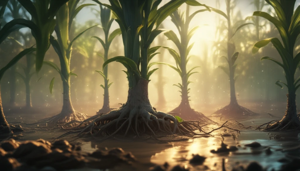 Illustration of maize and teosinte roots intertwining in a flooded field.