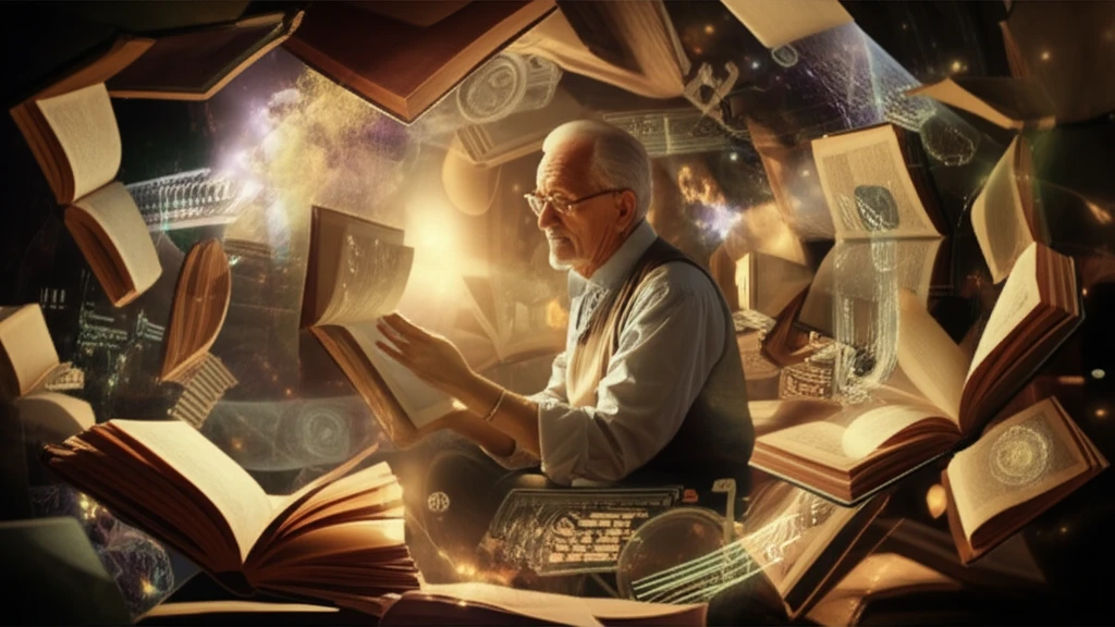 Older adult surrounded by glowing books and technology, symbolizing lifelong learning and cognitive enhancement.