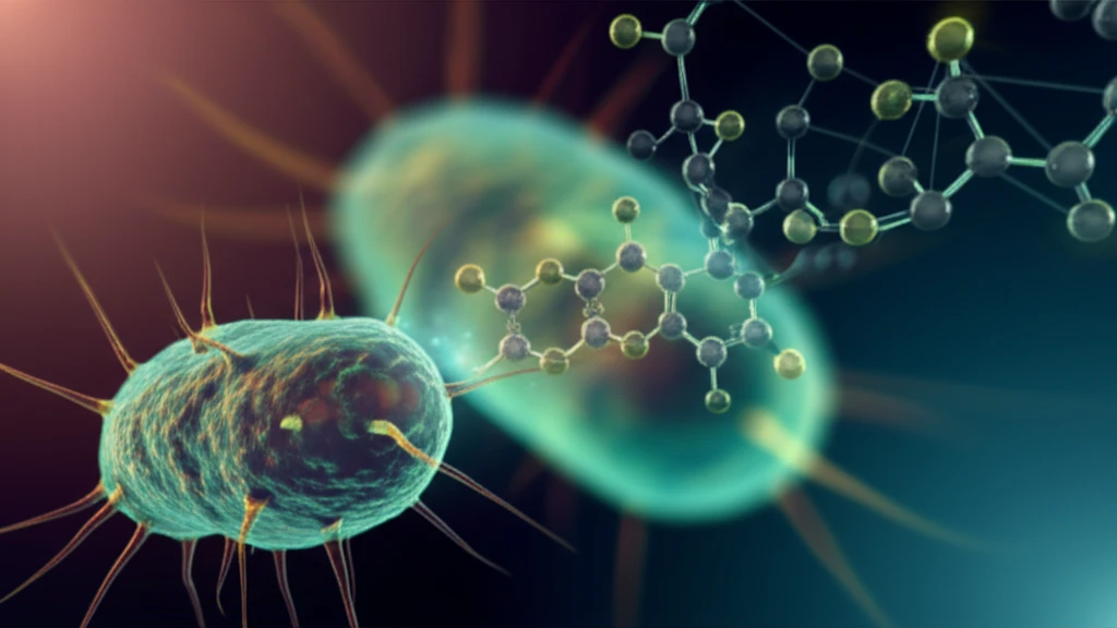 Molecular docking simulation of a drug binding to an enzyme, set against a backdrop representing Leishmaniasis.