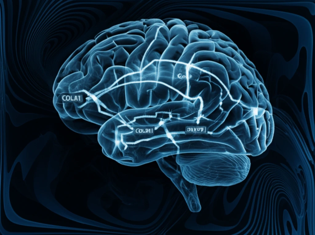 Surreal illustration of COL3A1 and SNAP91 pathways within a brain, representing glioblastoma biomarkers.