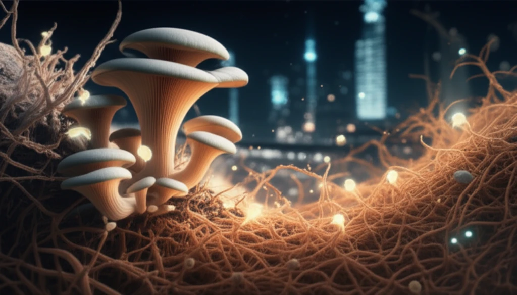 Oyster mushrooms producing cellulase enzymes on a microscopic cellulose landscape, symbolizing industrial applications.