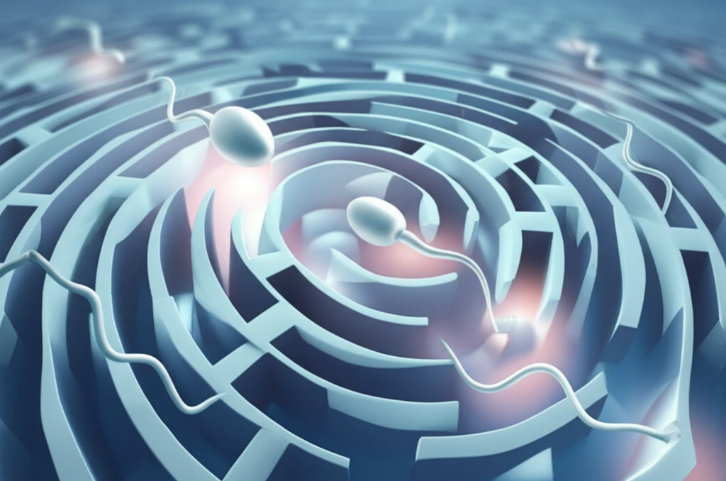Sperm navigating a maze, symbolizing fertility challenges.