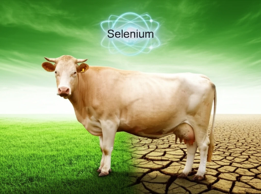 Illustration of a cow in a field, with a selenium atom symbolizing its importance for health.