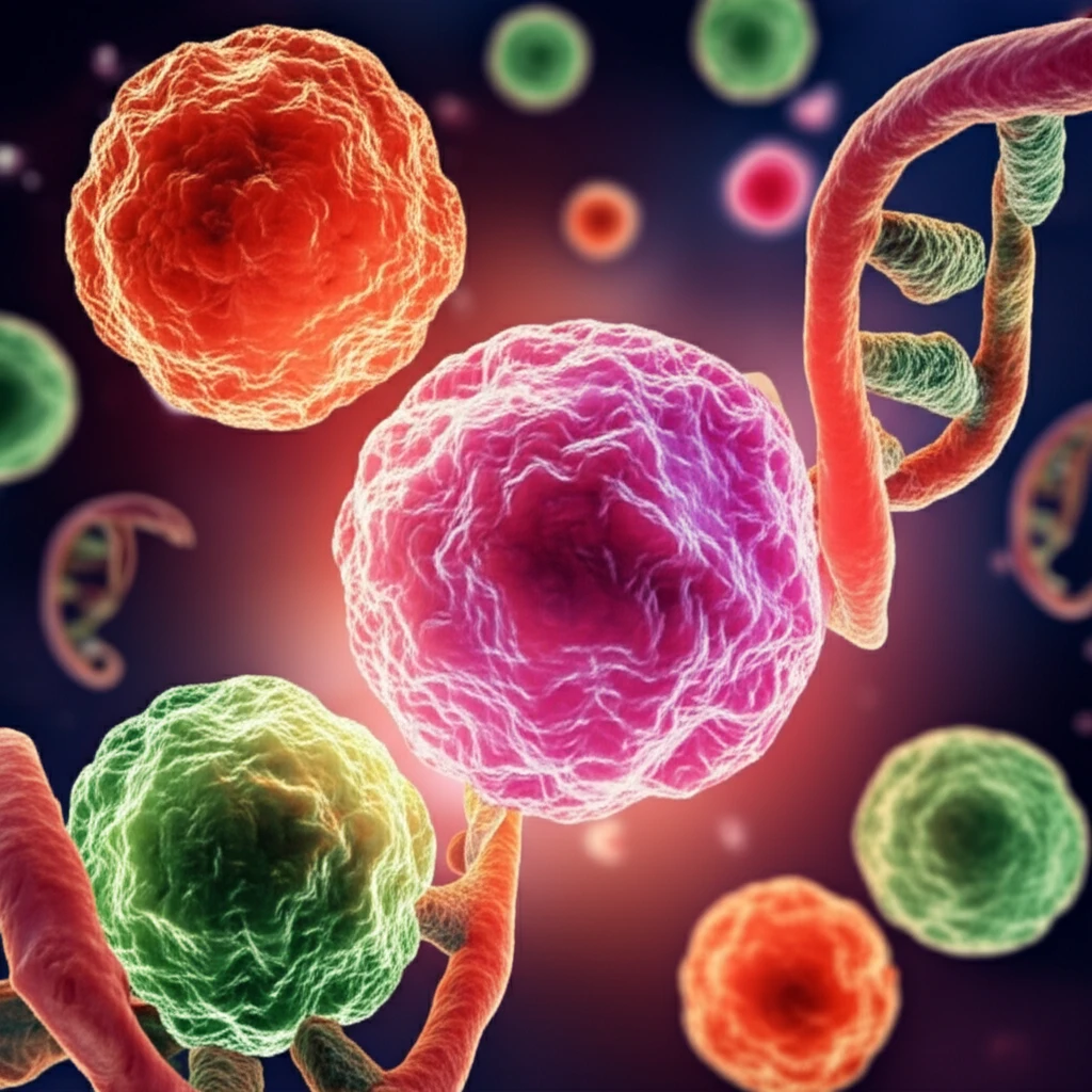 Microscopic view of leukemia cells intertwined with DNA