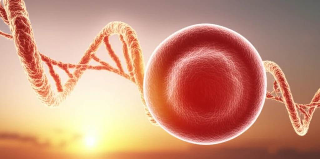 Gene therapy for thalassemia: A visual representation of DNA intertwining with a blood cell.
