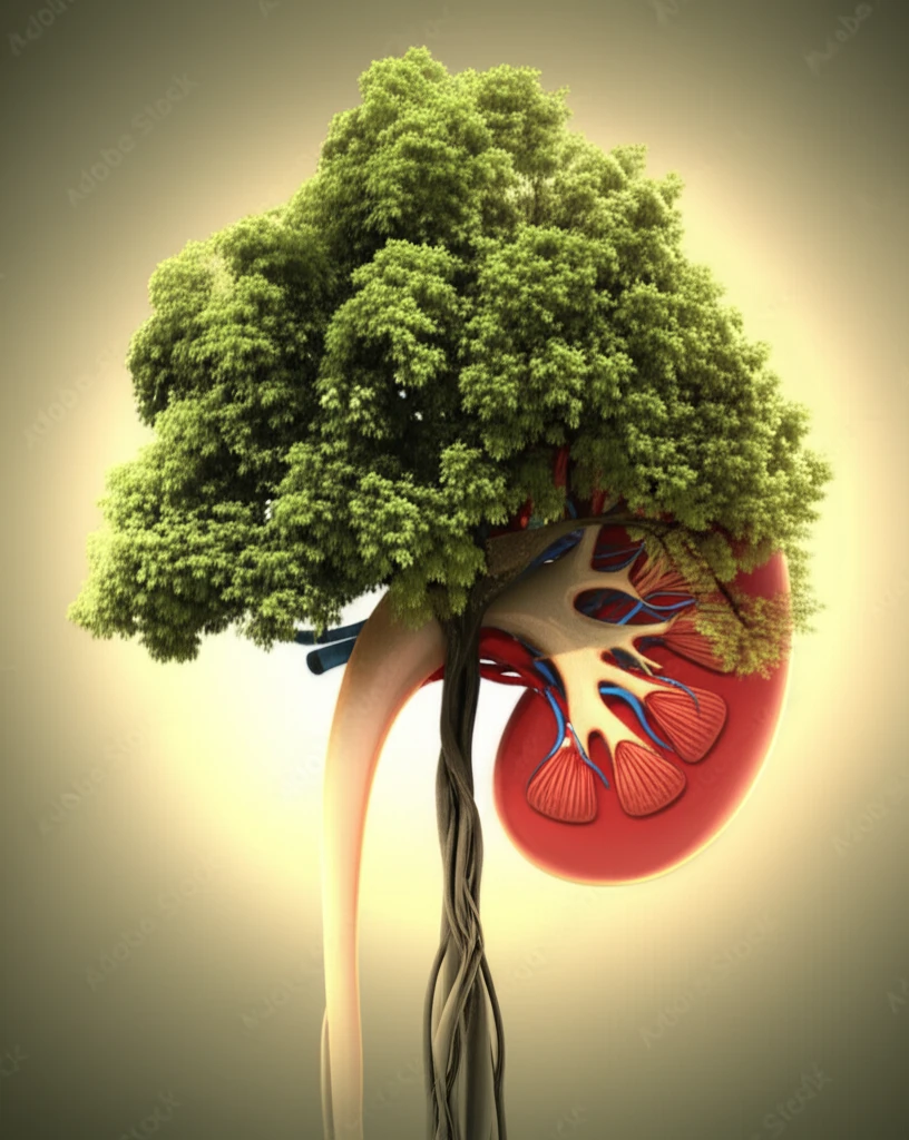 A kidney transforming into a vibrant tree, symbolizing renewed life after transplantation.