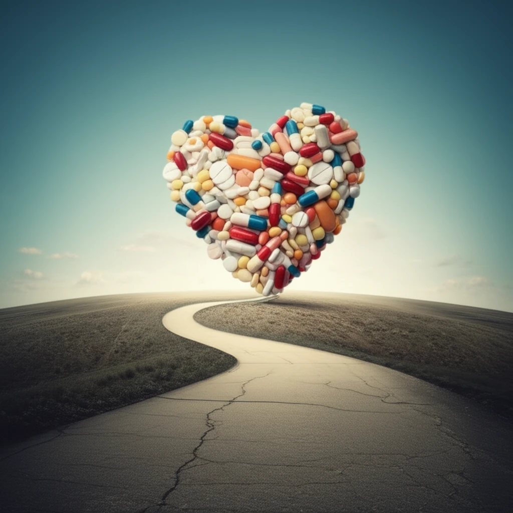Heart made of pills with a winding road leading towards it