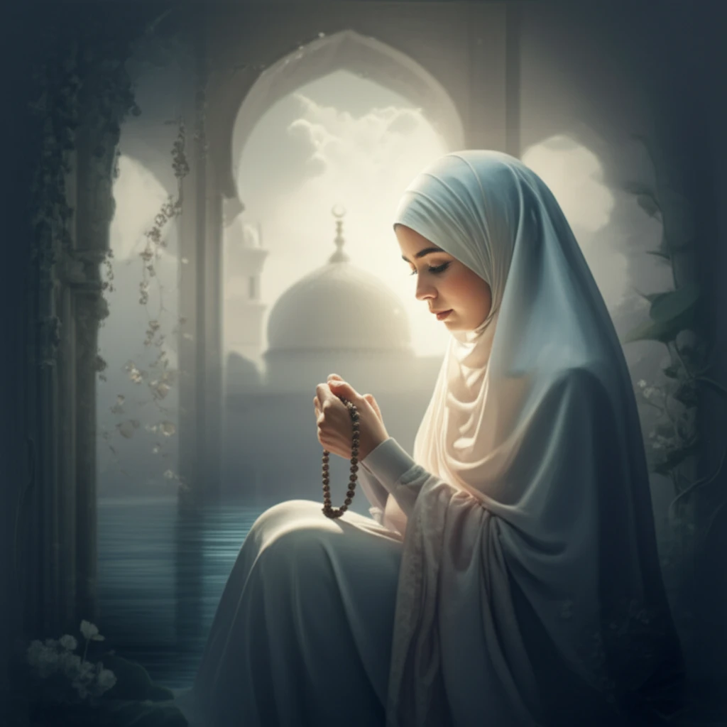 A serene Muslim woman finds peace in prayer during her cancer journey.