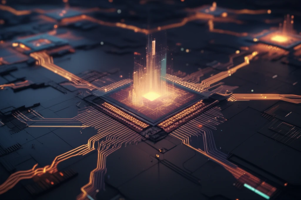 Microchip landscape with glowing fluid representing heat dissipation technology.