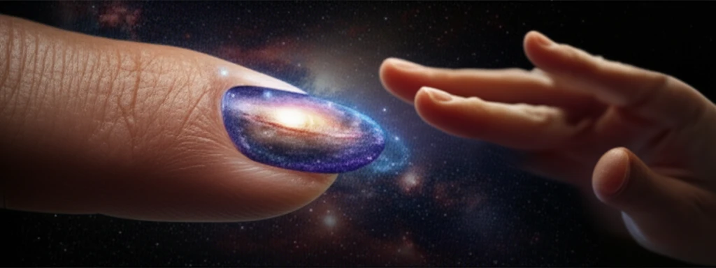 Surreal illustration of a nail transforming into a galaxy, symbolizing subungual melanoma and the importance of early detection.