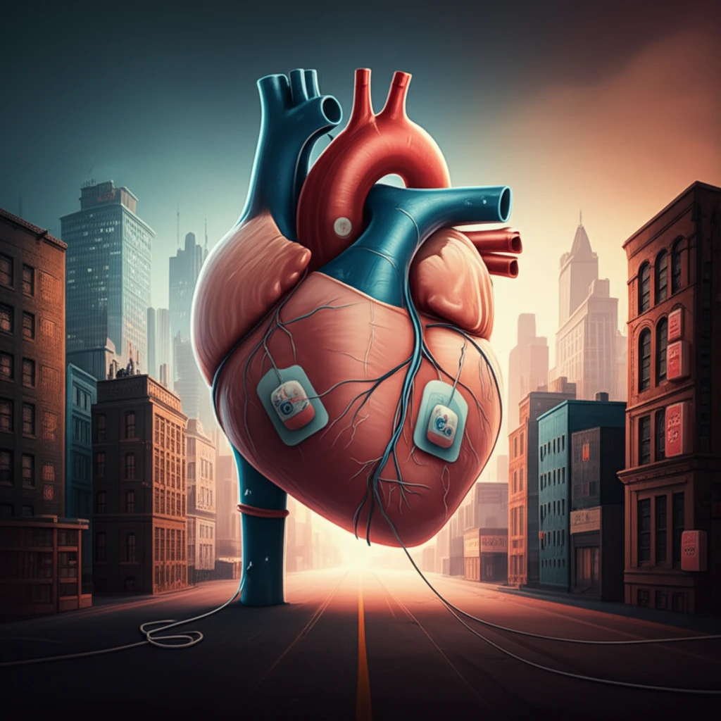 Digital illustration depicting the disparity in public defibrillator access across different socioeconomic areas of a city.