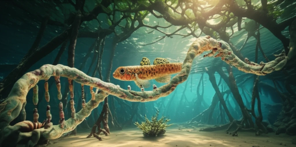 Tropical sand goby swimming through DNA in a mangrove forest.