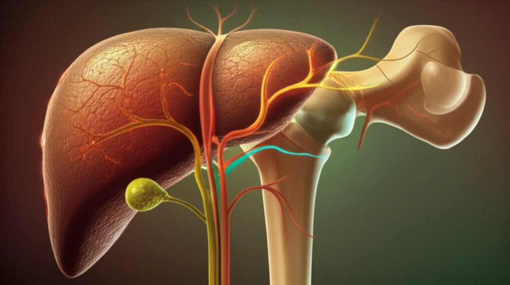 Interconnected liver and bone symbolizing liver health and bone density