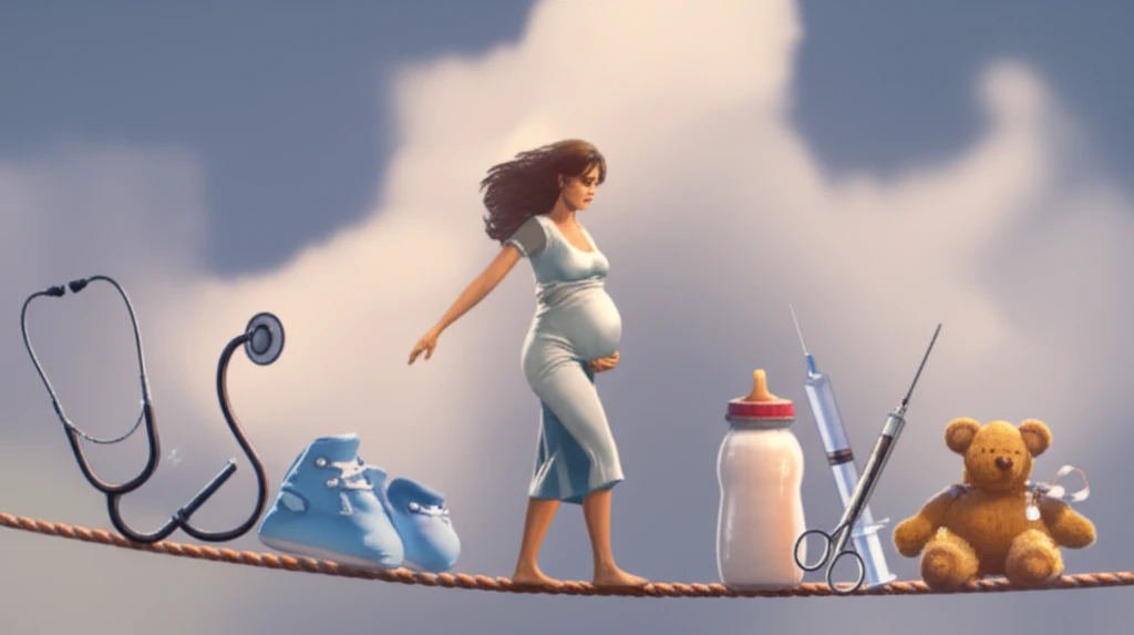 Pregnant woman balancing on tightrope with medical tools and baby items representing risk and balance during surgery.