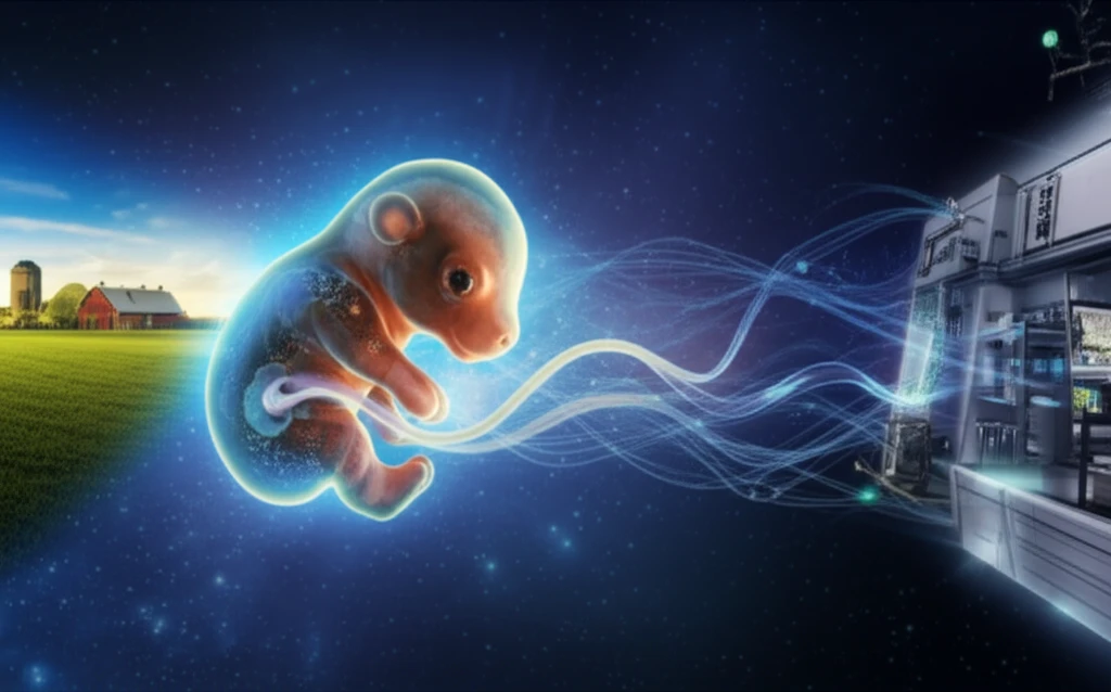 Cattle embryo in space, connected to farm and lab.
