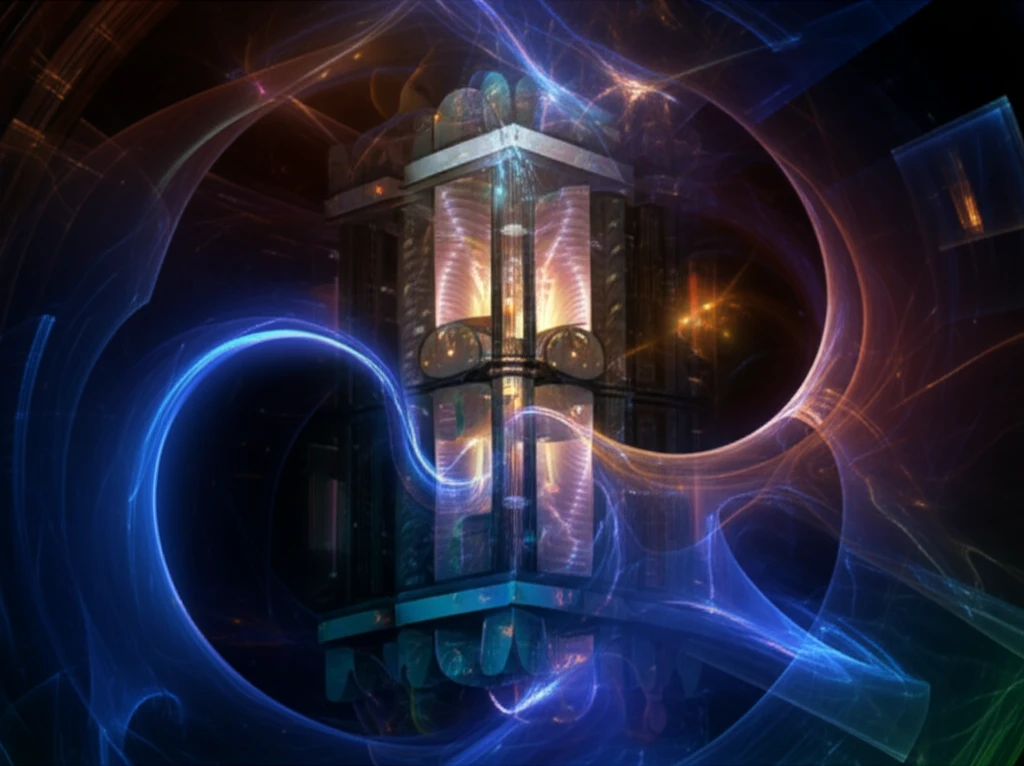 Surreal digital illustration of a heat exchanger with glowing helical tubes surrounded by swirling energy currents.