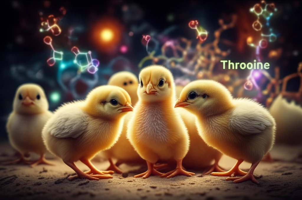 Surreal illustration of broiler chicks surrounded by glowing amino acids and enzyme structures.