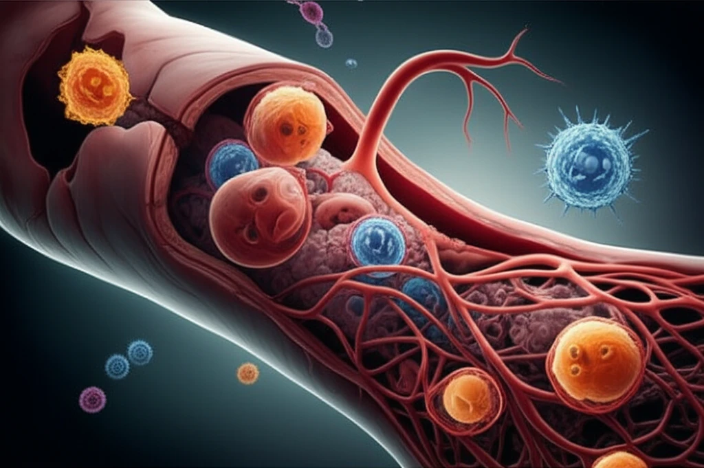 Illustration of a malfunctioning arteriovenous fistula with an imbalance of immune cells and impaired vascular remodeling.