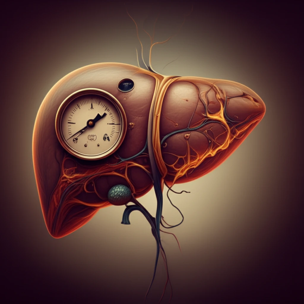 Stylized liver with interconnected pathways and pressure gauge
