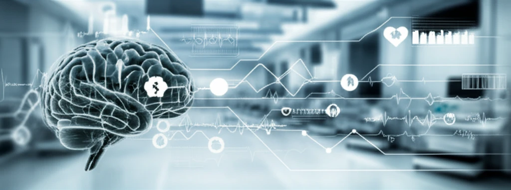 Abstract representation of medical statistics: a brain integrated with graphs and medical symbols.
