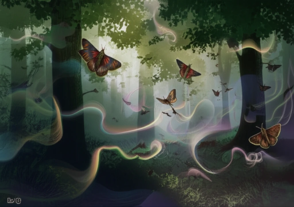 Surreal forest scene with pheromone trails disrupting gypsy moth flight.