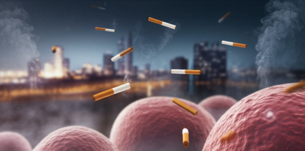 Surreal illustration of smoking and bladder cells, representing diabetes medication research.