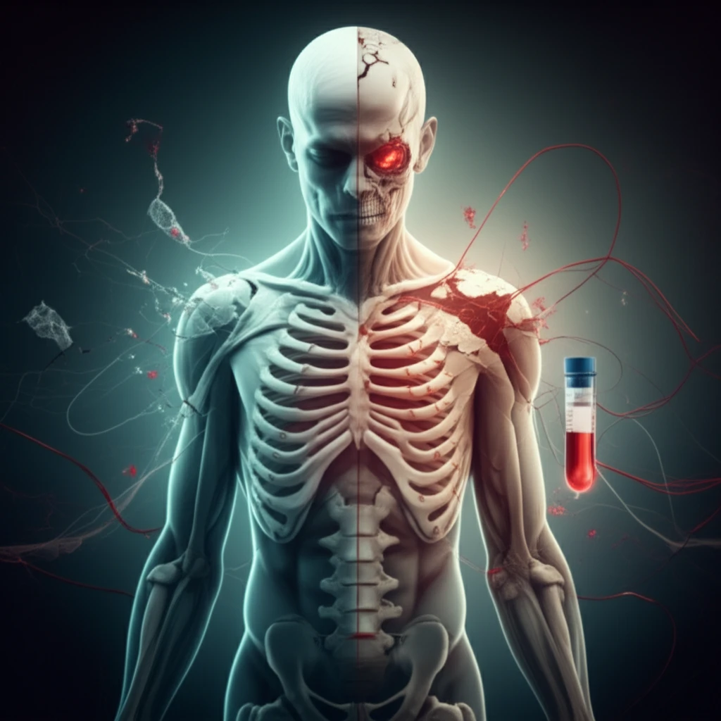 Abstract illustration symbolizing bone health, blood test, and the balance between bone formation and breakdown in fracture risk assessment.
