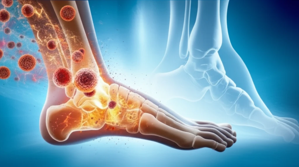 Fractured ankle joint with inflammatory cells being cleared by anti-inflammatory light.