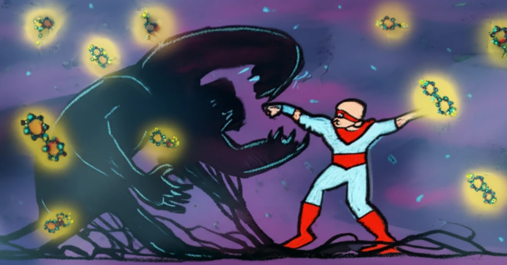 Illustration of superhero battling neuroblastoma with AZD8055 molecules.