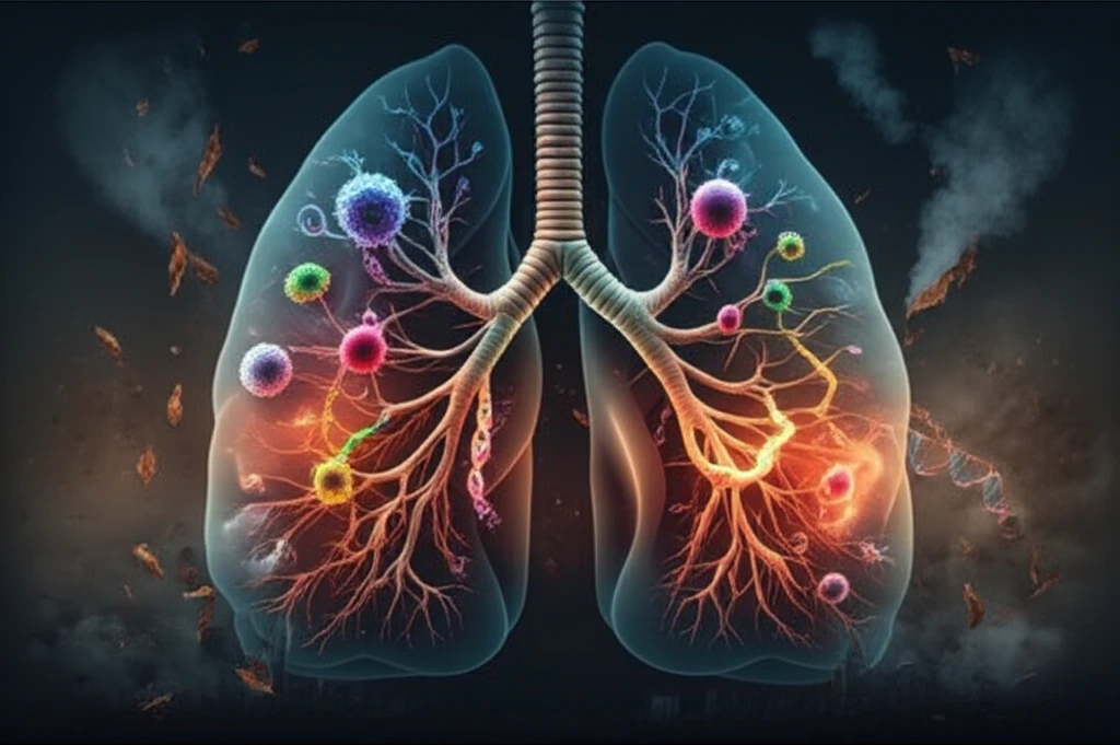 Surreal illustration of lung cancer cells showing genomic diversity and environmental influences.