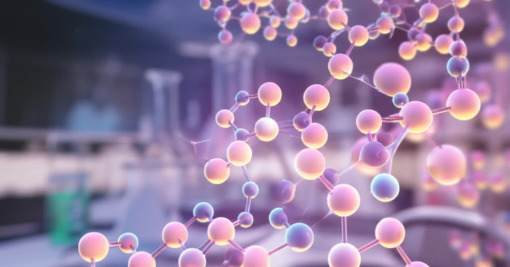Abstract illustration of molecules forming a complex structure.