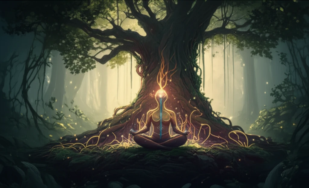 Person meditating in a forest connected to nature.