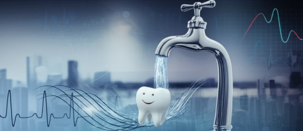 Stylized illustration of water fluoridation for dental health.