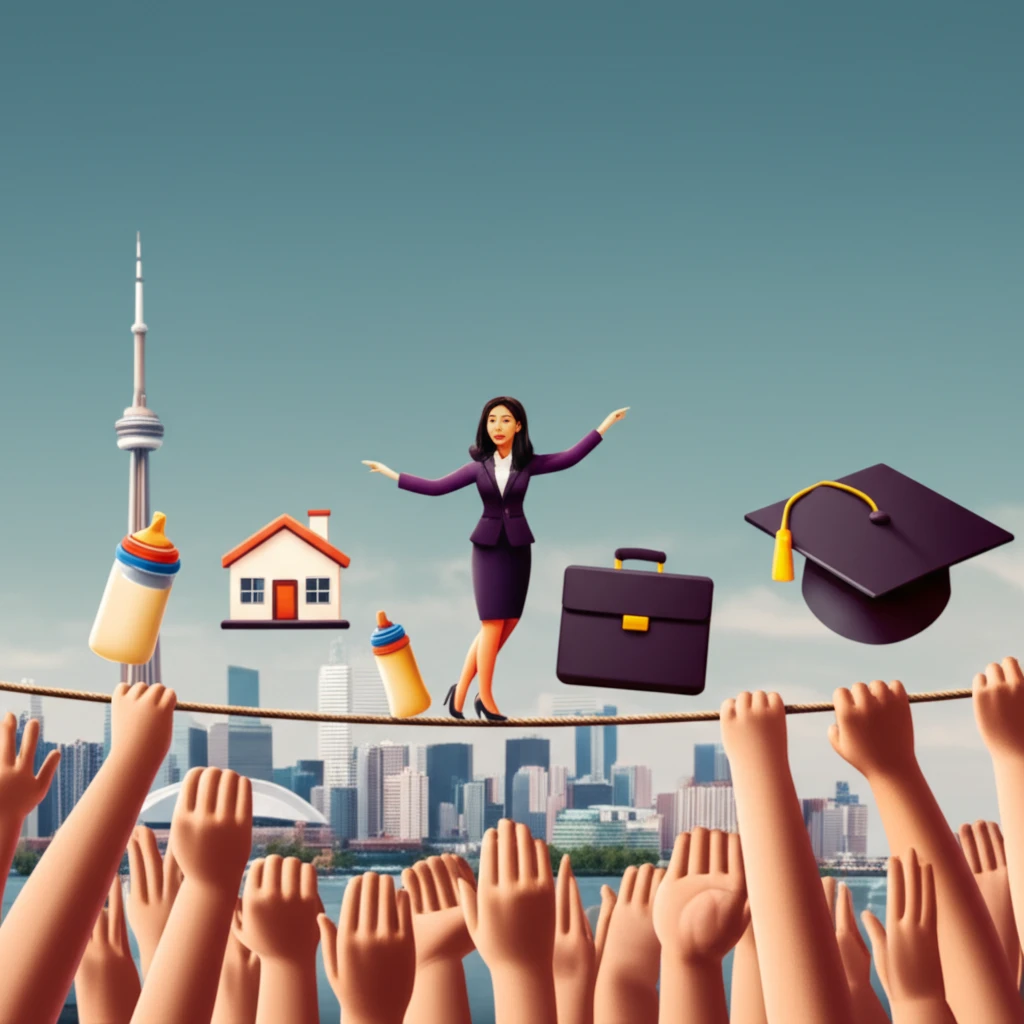 Illustration of a Chinese mother balancing family and career with community support.