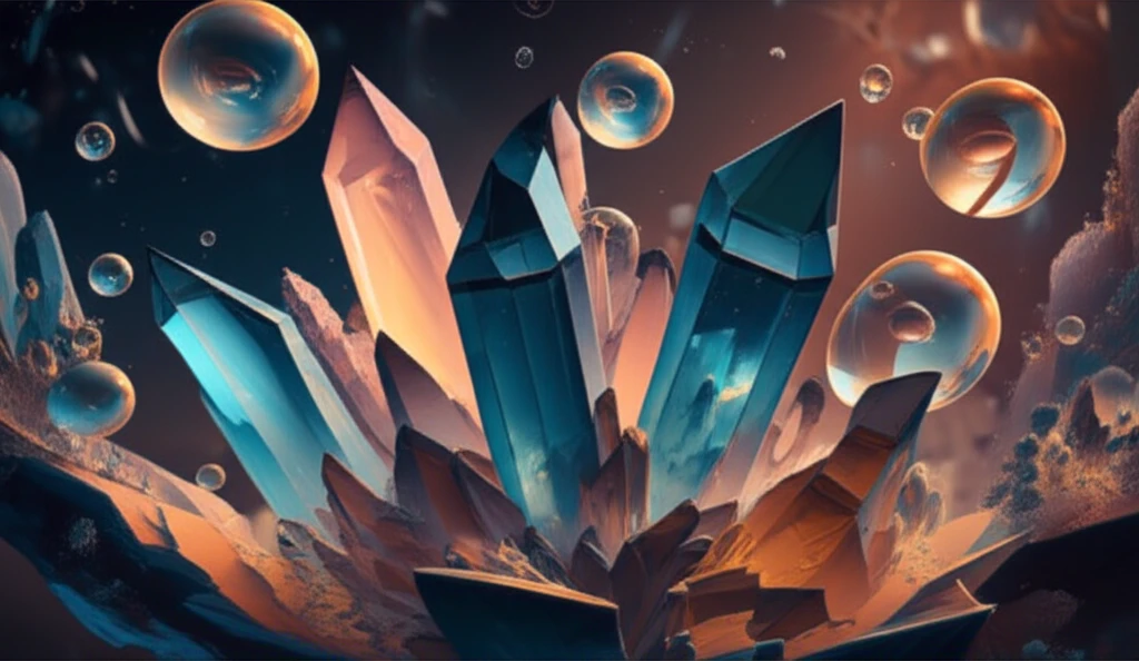 Mineral crystals interacting with lipid bubbles in primordial soup.