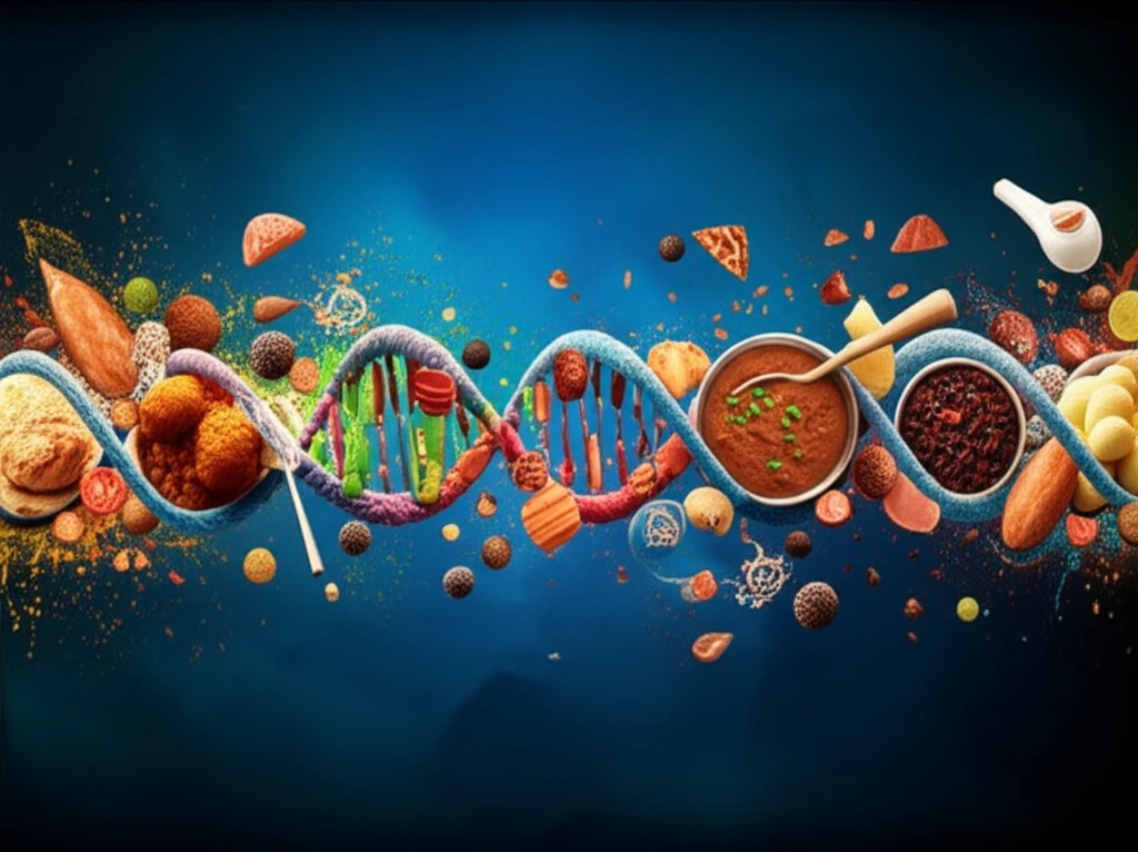 DNA strand intertwined with Brazilian food, symbolizing genome sequencing of Salmonella in Brazil