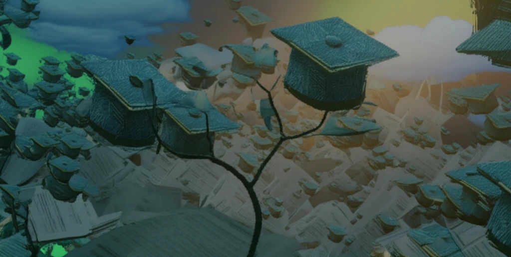 A classification tree metaphor: Graduation caps grow on the branches of a decision-making tree, symbolizing data-driven decisions in pharmacy school admissions.