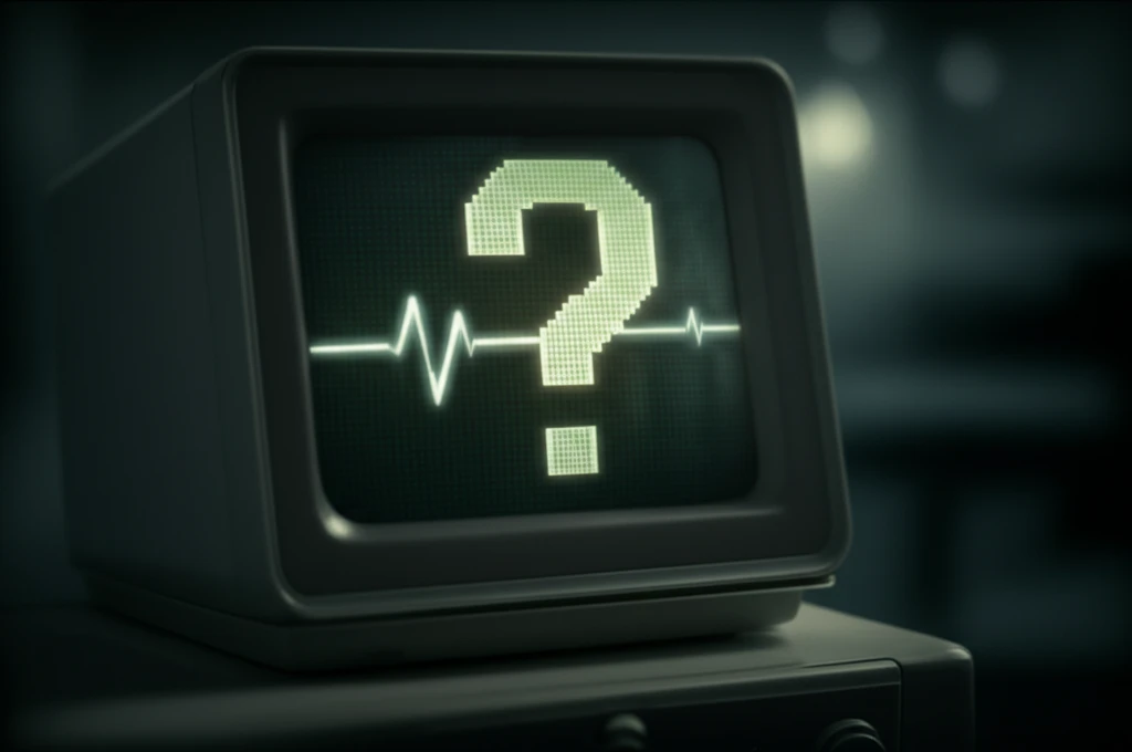 Digital heart monitor with a question mark, symbolizing uncertainty in patient monitoring.