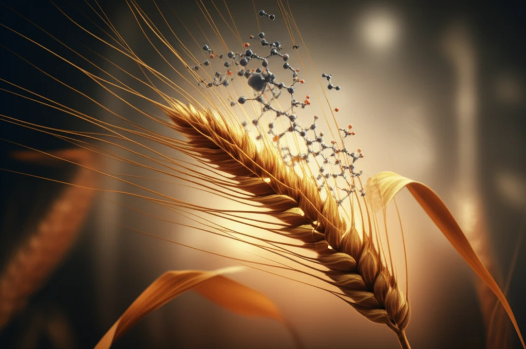 Wheat stalk transforming into a 3D molecular structure.