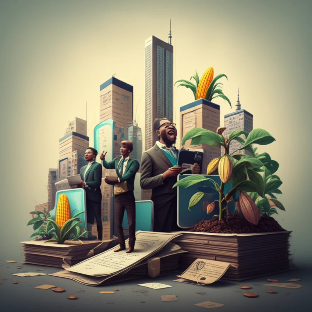 Nigerian entrepreneurs celebrating financial success with miniature skyscrapers and crops growing from loan documents.