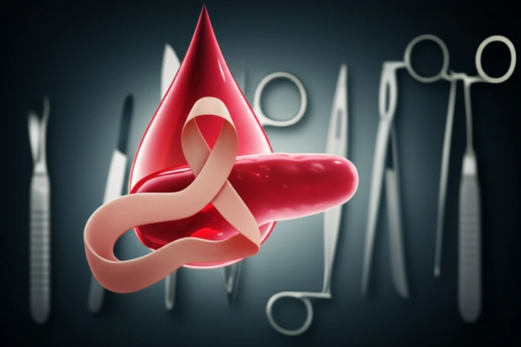 Blood drop morphing into pancreatic ribbon symbolizing post-operative monitoring.